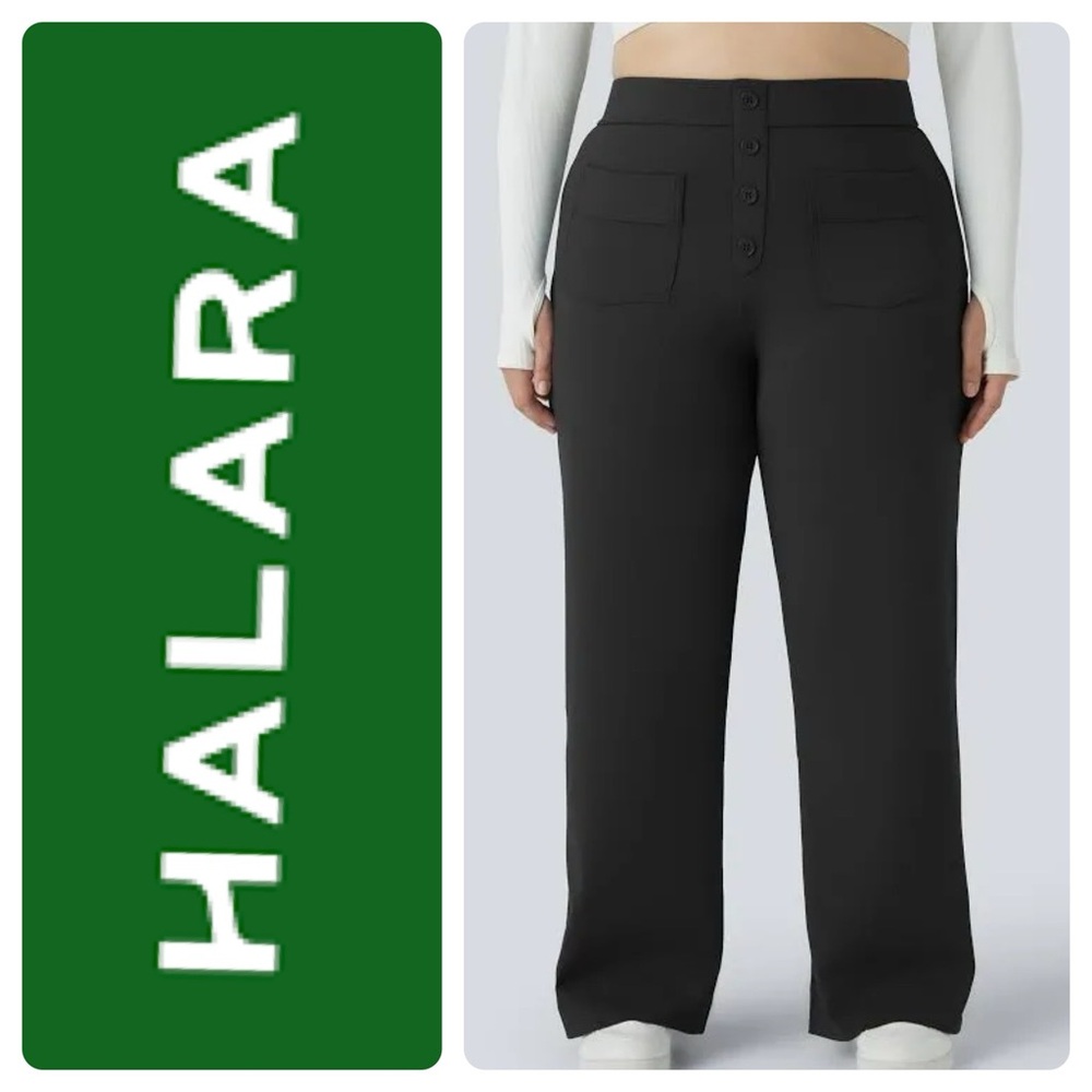 HALARA Black High Waisted Button Multiple Pocket StraightLeg Women’s Sweatpants
